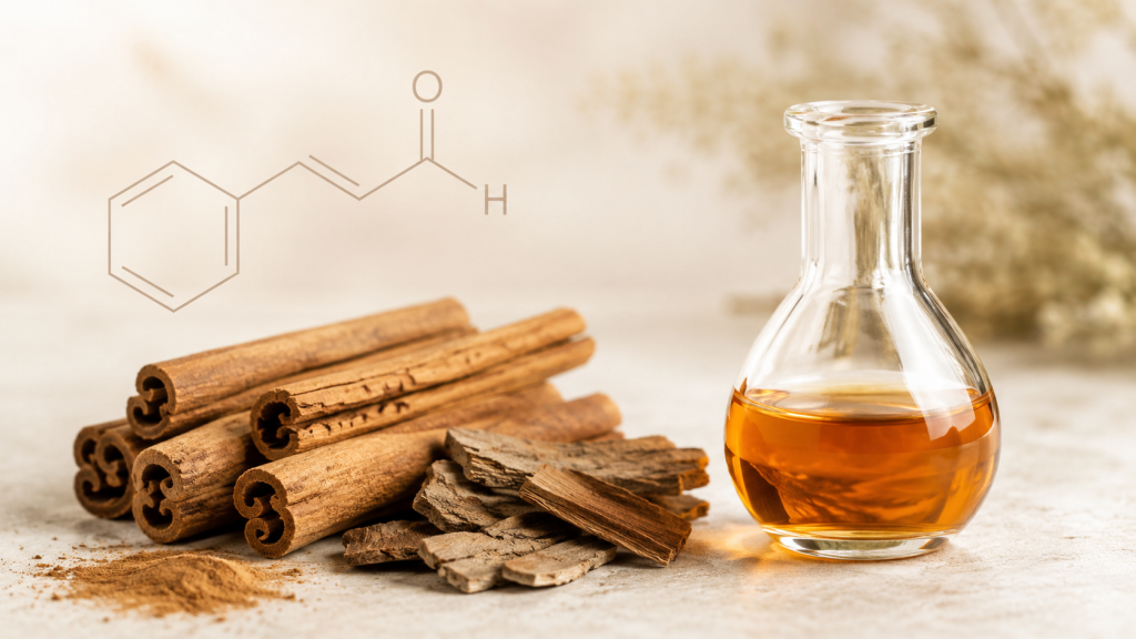 Cinnamaldehyde aroma chemical shown with cinnamon sticks, cassia bark, amber liquid in a glass flask, and a subtle molecular structure.