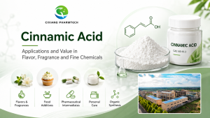 Cinnamic Acid cover image showing product powder, molecular structure, factory view, and applications in flavors, fragrances, food additives, pharmaceutical intermediates, personal care, and organic synthesis.