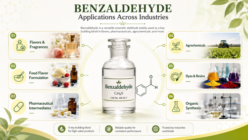 Benzaldehyde application infographic showing its uses in flavors and fragrances, food flavor formulation, pharmaceutical intermediates, agrochemicals, dyes and resins, and organic synthesis.