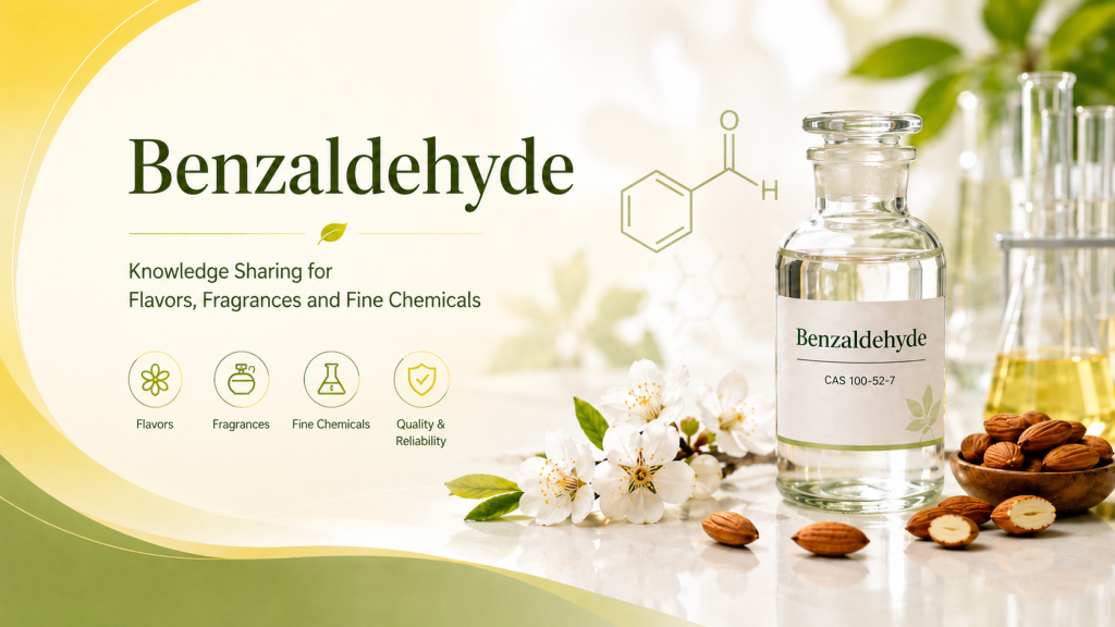 Benzaldehyde blog image showing a chemical bottle, almond-like aroma elements, molecular structure, and applications in flavors, fragrances, and fine chemicals.