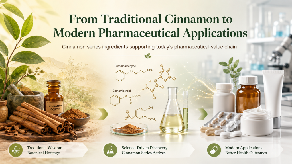 Traditional cinnamon transformed into modern pharmaceutical applications, showing cinnamon bark, cinnamic acid, cinnamaldehyde, laboratory glassware, capsules, and topical healthcare products.