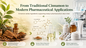 Traditional cinnamon transformed into modern pharmaceutical applications, showing cinnamon bark, cinnamic acid, cinnamaldehyde, laboratory glassware, capsules, and topical healthcare products.