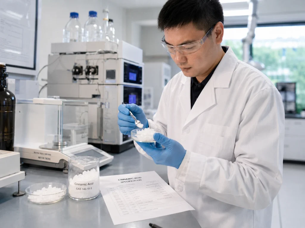 Chemical technician analyzing Cinnamic Acid crystal samples in a laboratory for quality control and product consistency evaluation.