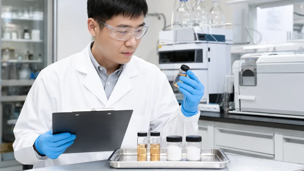 Laboratory technician inspecting liquid and crystalline samples for cinnamon-series product quality control.