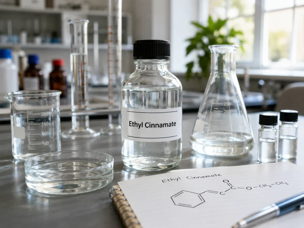 Ethyl Cinnamate chemical sample with laboratory glassware and molecular structure sketch for fine chemical research and aroma applications.