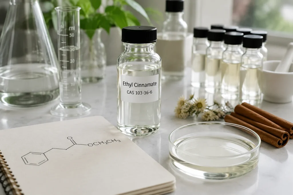 Ethyl Cinnamate sample bottle displayed in a professional laboratory environment with glassware, chemical structure notes, and cinnamate ester research materials.