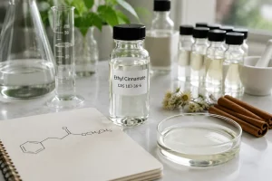 Ethyl Cinnamate sample bottle displayed in a professional laboratory environment with glassware, chemical structure notes, and cinnamate ester research materials.