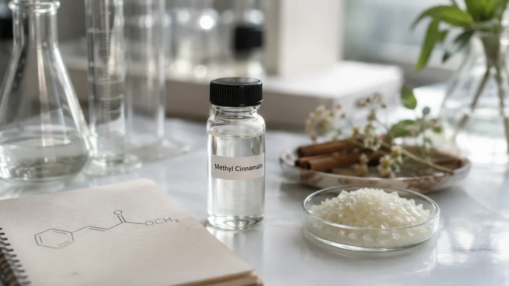 Methyl Cinnamate sample bottle in a laboratory research scene with glassware, notebook chemical structure, and fragrance materials representing cinnamate ester applications.