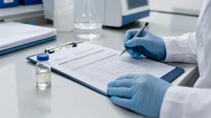 Laboratory specialist reviewing a chemical Certificate of Analysis and product sample