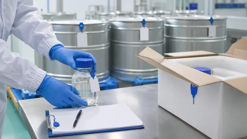 Chemical manufacturer preparing a representative sample and bulk packaging for overseas buyers