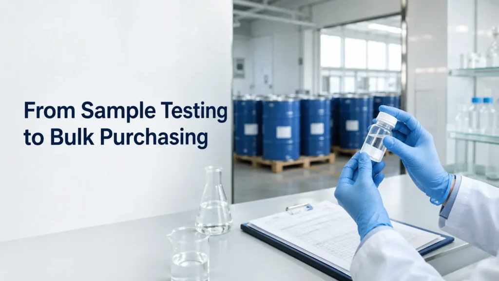 Quality control specialist inspecting a chemical sample before bulk purchasing