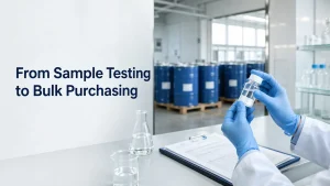 Quality control specialist inspecting a chemical sample before bulk purchasing