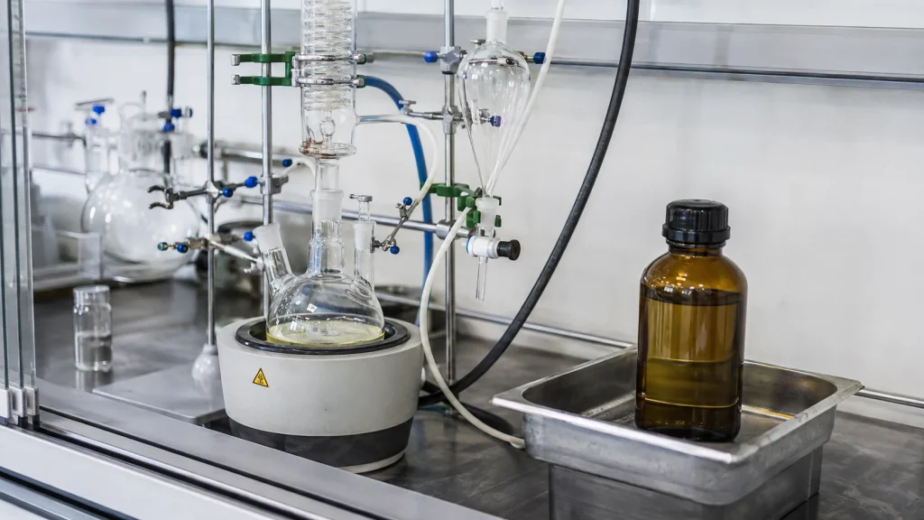 Laboratory-scale organic synthesis setup representing cinnamyl chloride used as a reactive chemical intermediate.
