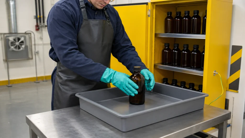 Trained technician handling sealed chemical containers near a safety cabinet with protective equipment.