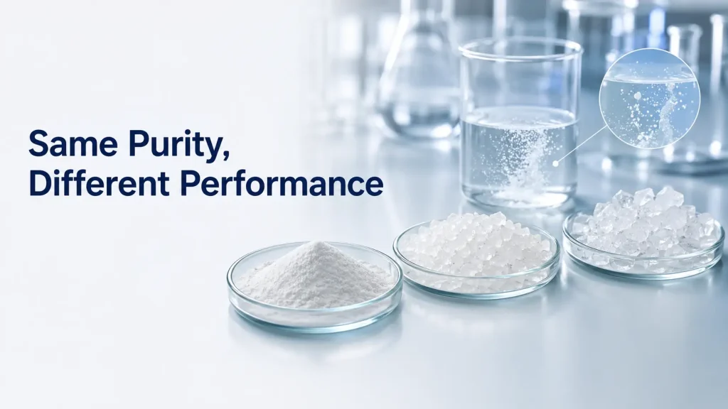 Fine chemical intermediates with different particle sizes showing the same purity but different performance