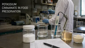Technician testing potassium cinnamate solubility and pH for food preservation applications