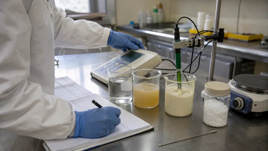 Food laboratory technician measuring pH in potassium cinnamate formulation samples