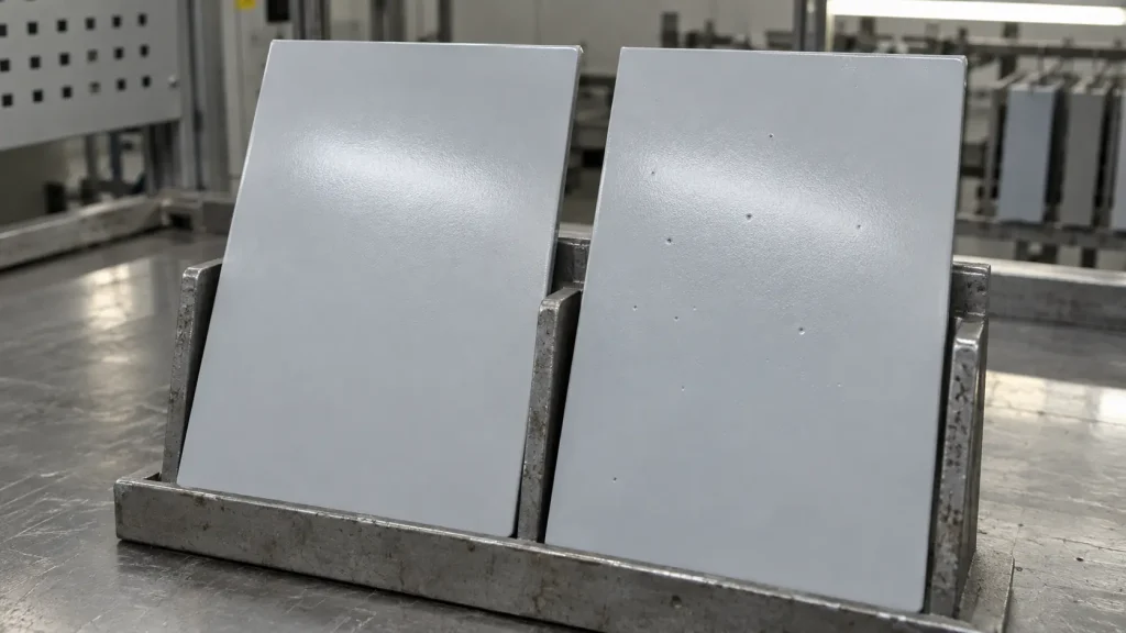 Smooth and pinholed powder-coated steel panels compared during surface inspection