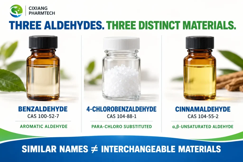 Comparison of benzaldehyde, 4-chlorobenzaldehyde and cinnamaldehyde showing how a chlorine atom or double bond changes the chemical product