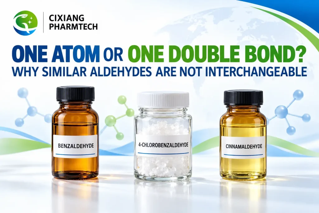 Side-by-side comparison of liquid benzaldehyde, solid 4-chlorobenzaldehyde and liquid cinnamaldehyde with their CAS numbers