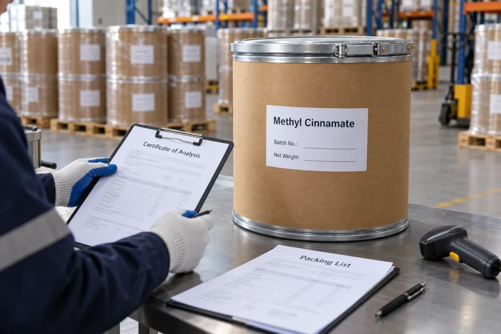 Illustrative warehouse receiving scene showing methyl cinnamate packaging alongside a Certificate of Analysis and packing list, highlighting incoming material identification and document verification.