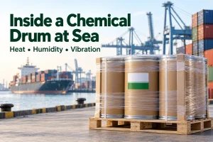 Comparison of loose chemical crystals before shipping and caked crystals after sea transport