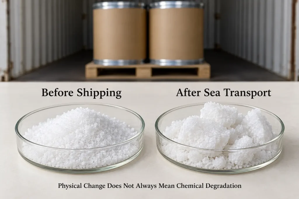 Chemical drums at a shipping port exposed to heat, humidity, and vibration during sea transport