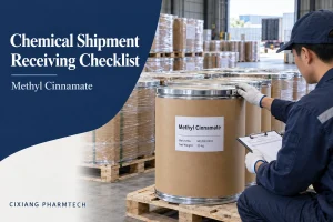 Chemical shipment receiving checklist cover showing a worker inspecting a sealed drum labeled Methyl Cinnamate.